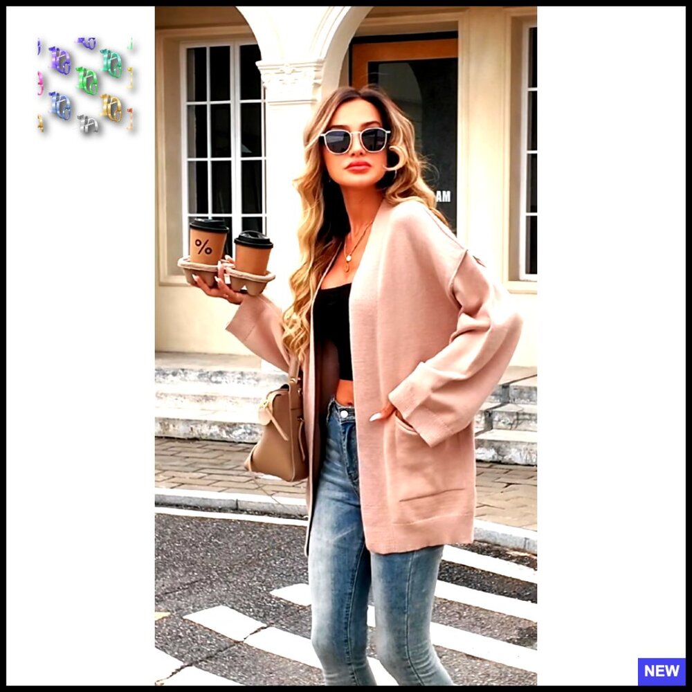 Oversized Open Front Cardigan Shawl Sweater Knit Fall Outerwear with Pockets - Picture 7 of 7